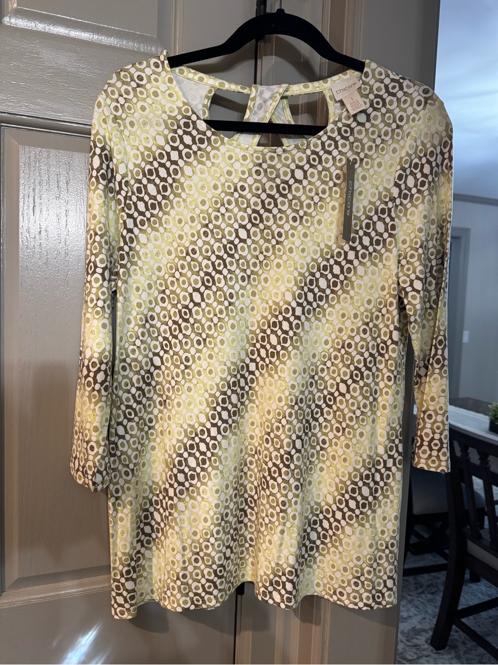Chico's Yellow and Brown Geometric Long-Sleeve Shift Dress